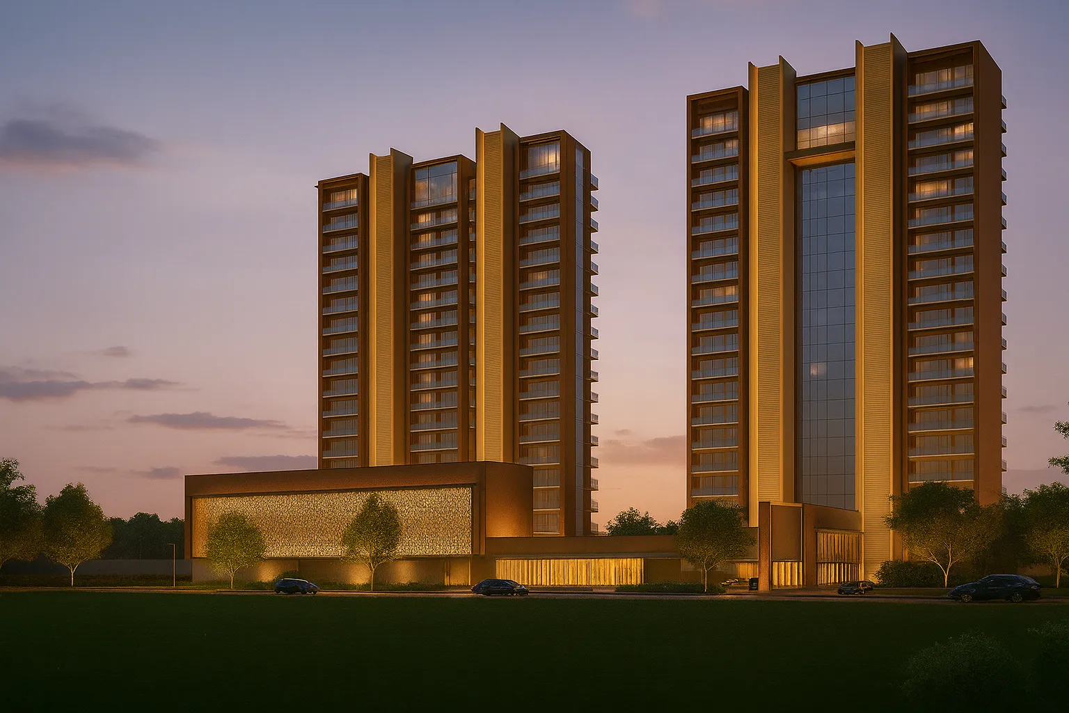 Aura Skyrise Mohali luxury towers with rooftop landscaping and lighting